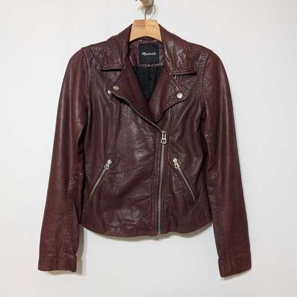 Madewell Washed Leather Motorcycle Jacket Size XS Cabernet Wine Preowned - Picture 4 of 14